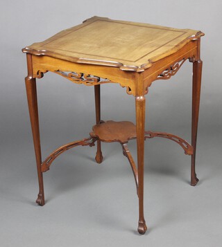 An Edwardian Art Nouveau square inlaid bleached mahogany occasional table with pierced apron, raised on cabriole supports with undertier 70cm h x 55cm w x 55cm d 