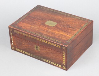 A William IV rectangular rosewood and inlaid brass sewing box, the interior fitted a bobbin tray 10cm h x 26cm w x 20cm d 