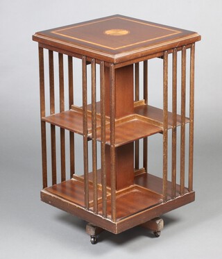 A reproduction Edwardian square inlaid mahogany 2 tier revolving bookcase 82cm x 47cm x 47cm 