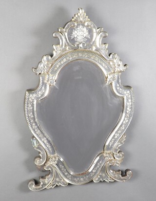 A 19/20th Century Venetian shield shaped etched glass mirror 72cm h x 45cm w