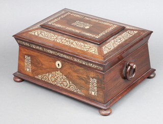 A William IV rosewood and inlaid mother of pearl cushion shaped sewing box with hinged lid and ring handles to the sides, the interior fitted a tray, raised on bun feet 18cm h x 33cm w x 26cm d 