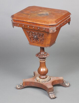 A William IV octagonal rosewood work box of waisted form with hinged lid, raised on a turned column with platform base 69cm h x 43cm w x 37cm d 