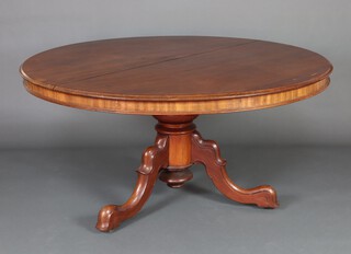 A Victorian circular snap top mahogany breakfast table, raised on a turned column and tripod base 73 cm h x 144cm diam. 