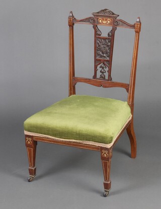 An Edwardian carved and inlaid rosewood splat back bedroom chair with over stuffed seat, raised on square supports, spade feet 79cm h x 46cm w x 42cm d Ivory Exemption Certificate 4UD4MPT1