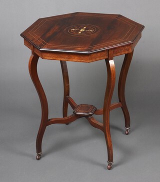 An Edwardian octagonal inlaid rosewood 2 tier occasional table, raised on cabriole supports 69cm h x 60cm w x 60cm d Ivory Exemption Certificate U38D3FWX