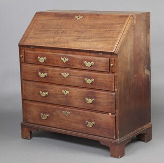 A Georgian, oak lined, mahogany bureau, the fall front revealing a fitted interior above 4 long graduated drawers with brass swan neck drop handles, raised on bracket feet 103cm h x 92cm x 50cm d 