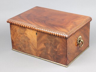 A William IV rectangular mahogany sewing box with brass ring drop handles to the sides, interior fitted trays 20cm h x 40cm w x 28cm d 