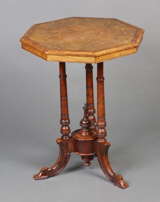 A Victorian octagonal figured walnut and crossbanded occasional table, raised on turned supports with outswept feet 68cm h x 53cm w x 53cm d 