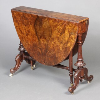 A Victorian figured walnut oval Sutherland table, raised on turned supports with H framed stretcher 73cm h x 91cm w x 15cm d 