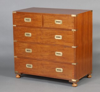 A 20th Century reproduction mahogany military chest of 2 short and 3 long drawers (in 1 section), raised on bun feet  91cm h x 91cm w x 51cm d  