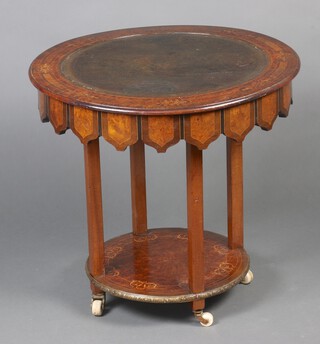 A Victorian circular inlaid figured walnut occasional table with green leather writing surface to the centre, raised on later  supports with a Victorian inlaid walnut base 56cm h x 89cm w (made up)