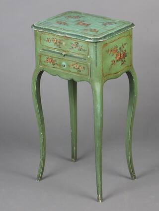 An early 20th Century French rectangular green and floral painted bedside cabinet with hinged lid, the interior fitted a mirror, the base with brushing slide above a drawer, raised on cabriole supports 73cm h x 38cm w x 29cm d  