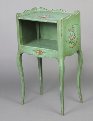 An early 20th Century  French green and floral painted bedside cabinet with 3/4 gallery and recess, raised on cabriole supports 82cm h x 46cm x 33cm d 