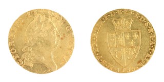 United Kingdom, George III 1788 gold Guinea, 25mm, 8.5g. Obv: Laureate head of George, right / Rev: Spade shaped, crowned shield of arms. S.3729