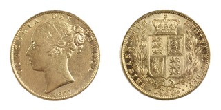 United Kingdom, Victoria 1877 gold Sovereign, 22mm, 8.0g. Minted in Sydney. Obv: Bare head profile of young Victoria, left / Rev: Crowned shield of arms, within wreath, small S below. S.3855 