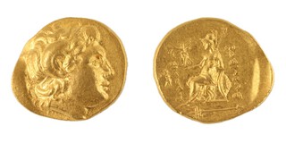 Kingdom of Thrace, Lysimachos, 4th-3rd century BC, gold Stater, 18mm, Obv: Diademed head of Alexander, with horn of Ammon, facing right / Rev: Athena seated left on throne, holding Nike, elbow on shield. S.6813, VF. 