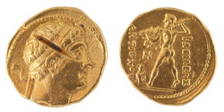 Baktria, Diodotos I, 3rd century BC, gold Stater, 29mm, Obv: Diademed head of Diodotos I, deep cut across head / Rev: Zeus brandishing thunderbolt and holding aegis. S.7497, F. 