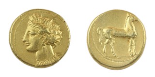 Zeugitana, Carthage, 350-320 BC, gold Stater, 18mm, Obv: Head of Tanit left, wearing wreath of grain, triple-pendant earings, necklace with ten pendants / Rev: Horse standing right. S.6445, VF.