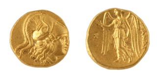 Alexander the Great, Macedonia, 336-323 BC, gold Stater, 17mm, Obv: Head of Athena facing to right wearing crested helmet decorated with a serpent / Rev: Nike standing to left holding wreath and stylis. S.6702 var., F. 