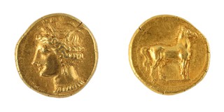 Zeugitana, Carthage, 320-310 BC, electrum (72% gold) Stater, 19mm, 7.53g, Obv: Wreathed head of Tanit(?) left, wearing triple pendant earring / Rev: Unbridled horse standing right. S.6458, VF. 