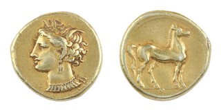 Zeugitana, Carthage, c. 310-250 BC, elektrum Stater, 19mm, 7.4g, Obv, Wreathed head of Tanit, left, pellet before / Rev, Horse facing right. S.6451, VF. 	