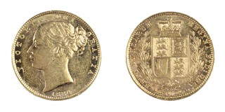 United Kingdom, Victoria 1884 gold Sovereign, 22mm, 8.0g. Minted in Melbourne. Obv: Young head of Victoria, left / Rev: Crowned shield of arms, within wreath, small M below. S.3857B 