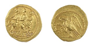 Thracian/Scythian Dynasty, Coson/Koson, mid-1st Century BC, gold Stater, 18mm, 8.7g, Obv Roman consul (L. Junius Brutus) walking left, accompanied by two lictors fore and aft / Rev: Eagle with spread wings standing, facing left on sceptre, clutching laurel-wreath in right talon. coin Archive, VF. 