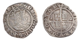 United Kingdom, Henry VIII, Canterbury mint, 1509-1547, silver Half Groat, 20mm, 1.3g, Obv: Catherine wheel both sides, crowned bust right / Rev: Shield over long cross fourche. S.2319, VF. 