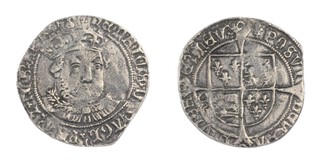 United Kingdom, Henry VIII, 1509-1547, silver Groat, 24mm, 3.4g. Obv: Crowned bust of Henry, quarter right / Rev: Quartered shield of arms over long cross fourche. S.2369A, F. 