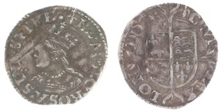 United Kingdom, Mary I, 1553-1554, silver Penny, 15mm, 0.5g. Obv: Crowned profile of Mary facing left / Rev: Quartered coat of arms over long cross fourche. S.2495, 