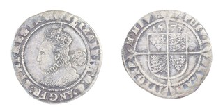 United Kingdom, Elizabeth I, 1573 silver Sixpence (third issue), 25mm, 3.1g. Obv: Crowned bust of Elizabeth wearing ruff, left, rose behind head / Rev: Square topped, quartered shield over long cross fourche. S.2562, VF.