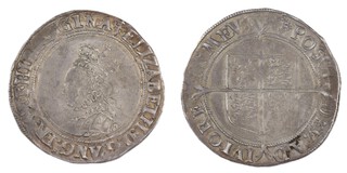 United Kingdom, Elizabeth I, 1558-1603, silver Shilling (second issue), 32mm, 6.5g. Obv: Crowned bust, left within inner beaded circle / Rev: Long cross through shield in four quarters. S.2555, VF. 