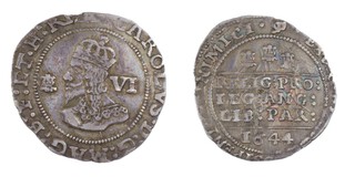 United Kingdom, Charles I, Bristol mint, 1644 silver Sixpence, 25mm, g. Obv: Crowned bust, left, Bristol plumelet before face / Rev: Latin Declaration in three lines between ruled lines, three Bristol plumes above, Latin legend and beaded borders surrounding. S.3020, VF. 