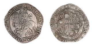 United Kingdom, Charles I, 1625-1649, silver Halfcrown, 34mm, 15.3g. Obv: Crowned King on horseback, left, holding sword / Rev: Royal coat of arms. S.2779, F. 	