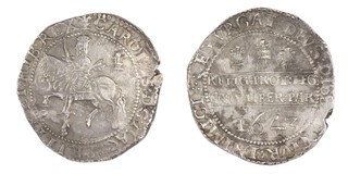 United Kingdom, Charles I, Oxford mint, 1643 silver Halfcrown, 37mm, 14.8g. Obv: Crowned King on horseback, left, holding sword / Rev: Latin Declaration in two lines at centre between ruled lines, three plumes above. S.2954, VF. 