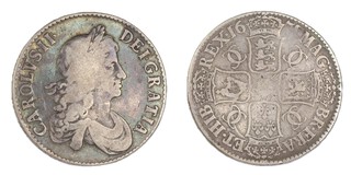 United Kingdom, Charles II, 1671 silver Crown, 38mm, 29.4g. Obv: Laureate and draped bust of Charles, right / Rev: Crowned cruciform shields around central garter star with interlinked Cs in angles. S.3357, F. 