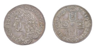 United Kingdom, James II, 1687 silver Sixpence, 21mm, 3.1g. Obv: Laureate and draped bust of James, left / Rev: Crowned cruciform shields around central garter star. S.3412, VF. 