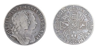 United Kingdom, William and Mary, 1693 silver Shilling, 25mm, 5.7g. Obv: Coinjoined laureate and draped busts of King William and Queen Mary, right / Rev: Crowned cruciform shields around central Nassau lion. S.3437, VF. 