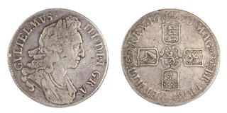 United Kingdom, William III, 1696 silver Crown, Octavo, 40mm, 29.1g. Obv: Laureate and draped bust of William, right / Rev: Crowned cruciform shields around central Nassau lion. S.3470, F. 