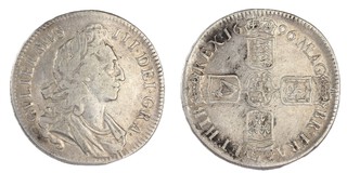 United Kingdom, William III 1696 silver Crown, Octavo, 40mm, 29.3g. Obv: Laureate and draped bust of William, right / Rev: Crowned cruciform shields around central Nassau lion. S.3470, F.