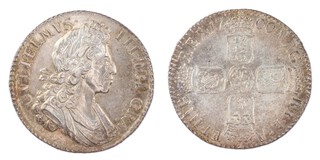 United Kingdom, William III 1700 silver Shilling, 26mm, 6.1g. (Glynn Mills Hoard) Obv: Laureate and draped bust of William, right / Rev: Crowned cruciform shields around central Nassau lion. No stop after DEI. S.3516, aEF (tiny scratches). 	