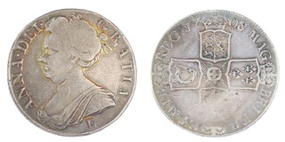 United Kingdom, Anne, 1708/7 silver Crown, 38mm, 30.0g. Obv: Draped bust of Anne, left / Rev: Crowned cruciform shields with central Garter star. S.3601, F. 	