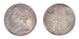 Great Britain, Anne, 1709 silver Shilling, 24mm, 6.4g. Obv: Draped bust, left / Rev: Crowned cruciform shields. S.3615, VF. 