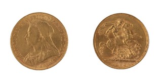 United Kingdom, Victoria 1893 gold Sovereign, 22mm, 8.0g. Obv: Old veiled bust of Victoria, left / Rev: St. George on horseback slaying the dragon, right. S.3874 