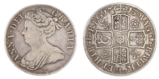 Great Britain, Anne, 1713 silver Crown, 38mm, 29.7g. Obv: Draped bust of Anne, left / Rev: Crowned cruciform shields with central garter star. S.3603, F. 