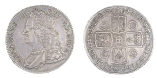 Great Britain, George II, 1743 silver Crown, 40mm, 30.1g. Obv: Older laureate and cuirassed bust of George left / Rev: Crowned cruciform shields with central garter star. S.3688, VF. 