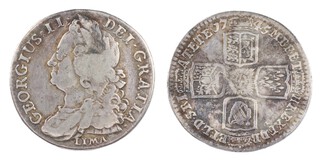 Great Britain, George II, Lima, 1745 silver Lima Shilling, 26mm, 5.7g. (silver captured from Spanish ships off Lima), Obv: Older laureate and draped bust of George / Rev: Crowned cruciform shields with central garter star. S.3703, F 