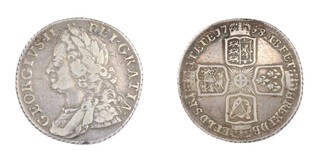 United Kingdom, George II, 1758 silver one Shilling, 25mm, 6.1g. Obv: Older laureate and draped bust of George, left / Rev: Crowned cruciform shields with central garter star. S.3704, F, 