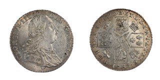 United Kingdom, George III, 1787, Silver, 25, Shilling, 25mm, 6.0g. Obv: Older laureate and cuirassed bust of George, right / Rev: Cruciform shields with large garter star central, crowns in angles. S.3749, aEF (light scratches). 