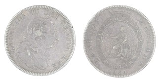 United Kingdom, George III, 1804 silver one Dollar, 40mm, 26.6g. Obv: Laureate and draped bust of George, right / Rev: Britannia seated, left, within a garter surmounted by a castellated crown. S.3768, F. 